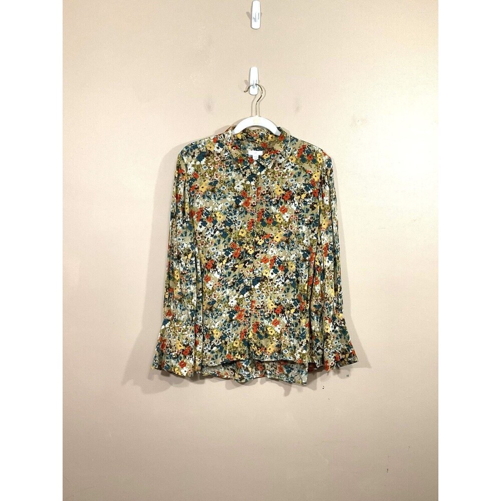 J Jill Womens Wheat Painterly Floral Button Up Shirt LP Cottagecore Twee Fall